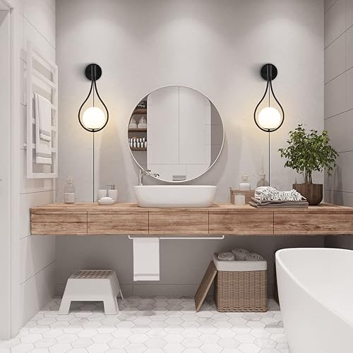 Miniatura 4 de BOKT Lámpara de pared de cristal moderna para colgar en la pared, apliques negros para dormitorio de mediados de siglo, luz de pared con enchufe