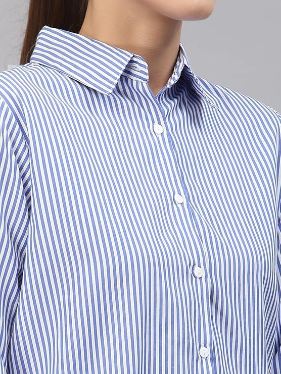 Image of Women's Striped Button Down Shirt Classic Collar 3 /4 Sleeve Breathable Lightweight Office Work Blouse Casual Formal top Tailored fit Summer Spring Fall Versatile Wardrobe Essential
