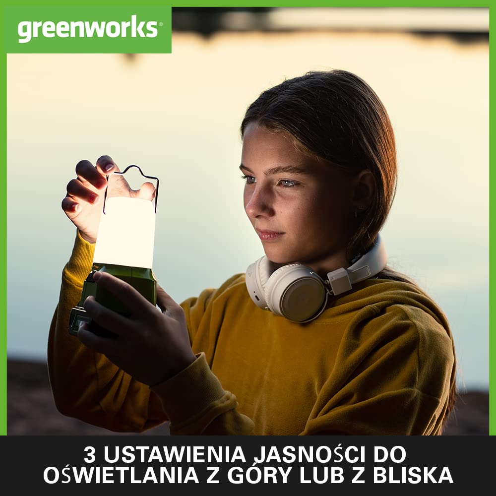 Greenworks G24LA500 Akumulatorowa Latarnia i Lampa Kempingowa z Hakiem do Zawieszania, 500 Lumenów, 3 Ustawienia Jasności, Gniazda USB i Typu C BEZ Akumulatora 24V i Ładowarki, 3 Lata Gwarancji