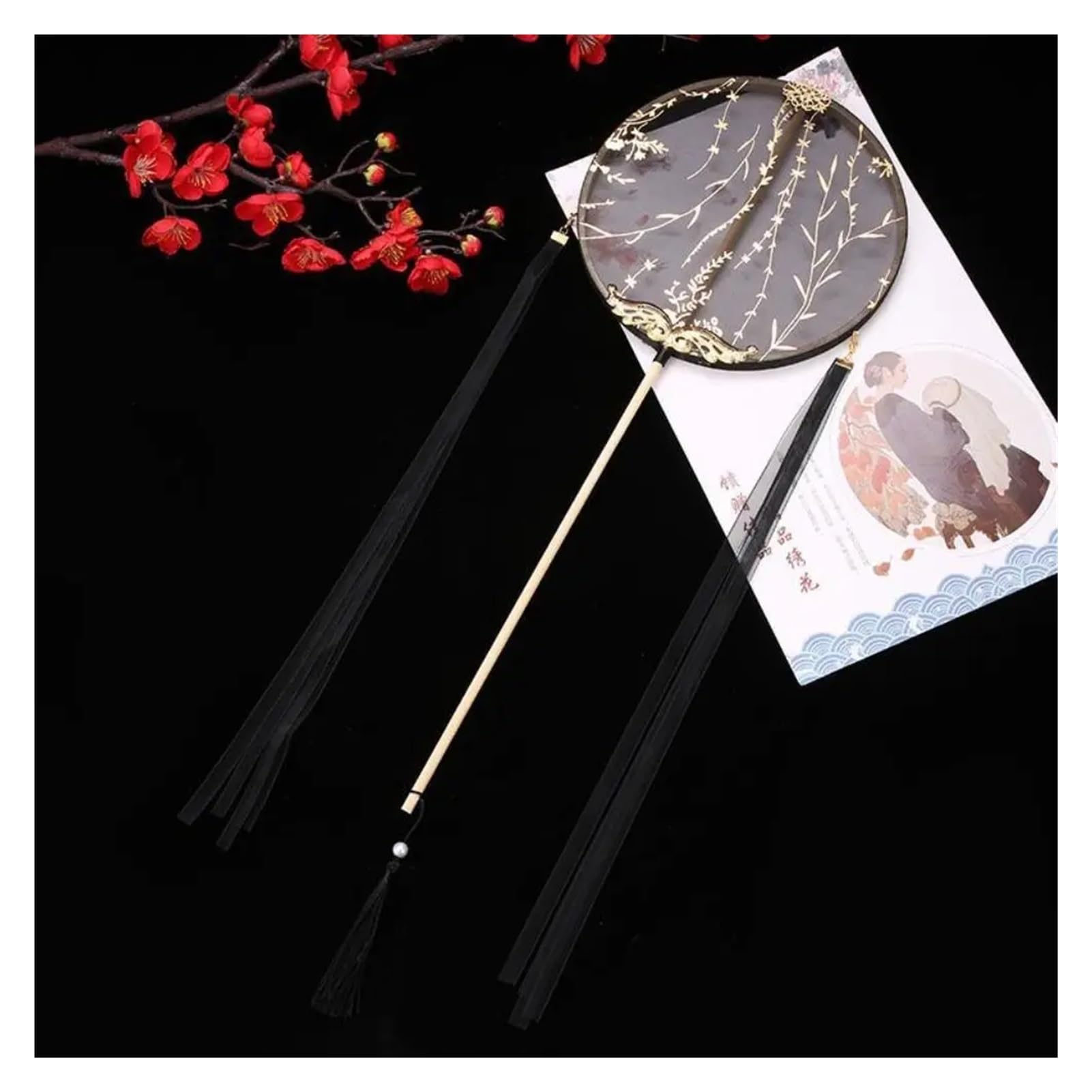 Round Fan Pendant Tassels Silk Long Handle Translucent Embroidery Photography Prop(Black)