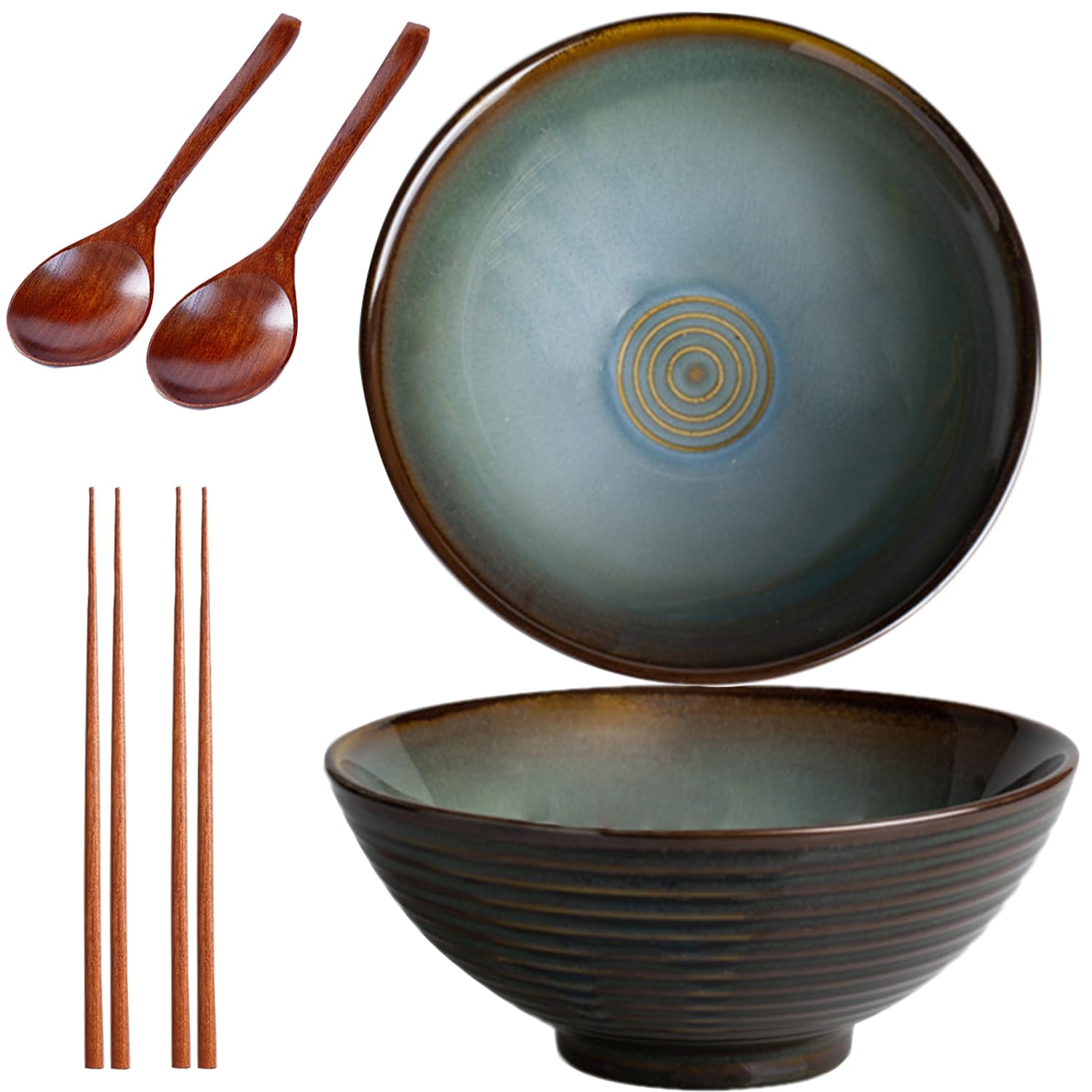 Sightday Noodle Bowl Set of 2 - 1200ml Ceramic Bowl for Pasta, Snack, Soup, Salad, Cereal (Vintage Green) with Ramen Spoons and Chopsticks