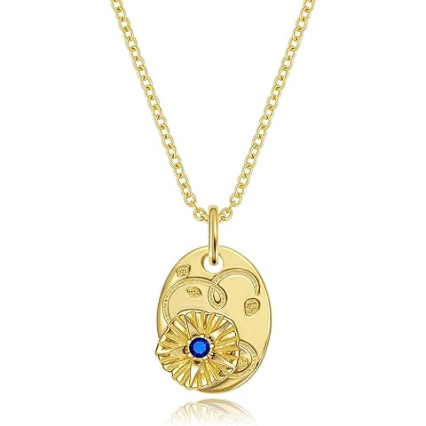 14k Gold Plated Birth Flower Necklace for Women, 925 Sterling Silver Oval Medal Pendant with Birthstone, Minimalist Floral Charm Jewelry, Anniversary Birthday Gift for Her Mom Wife Friends