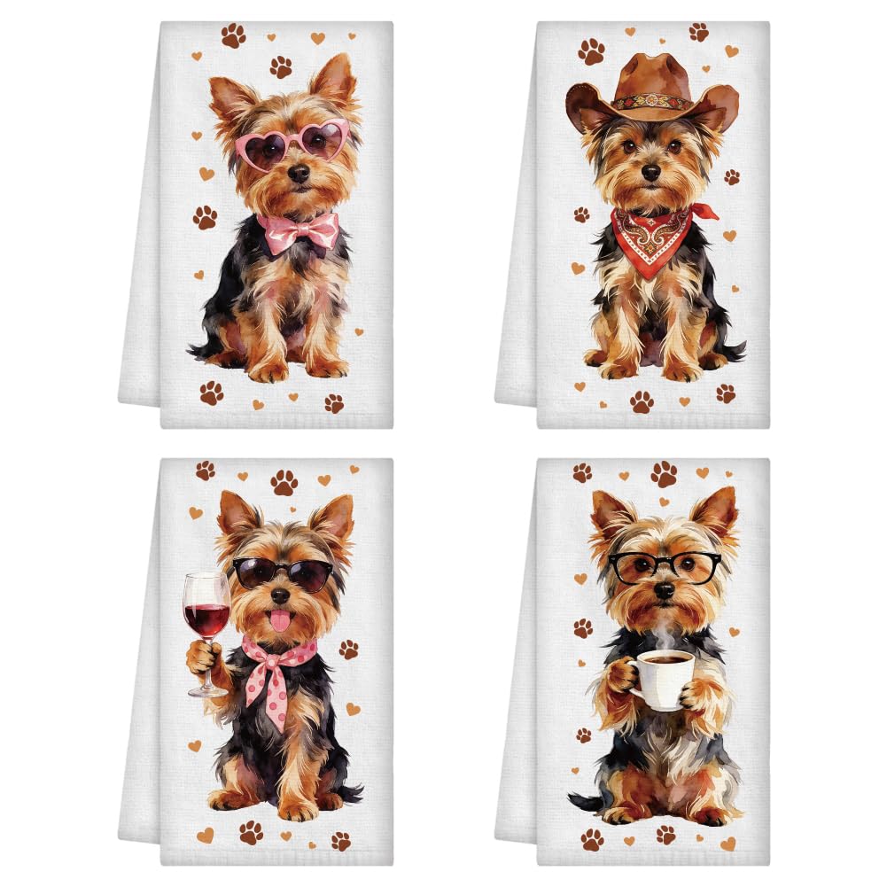 WADORN 4Pcs Yorkshire Terrier Kitchen Towels, 24"x16" Funny Red Wine Coffee Cowboy Yorkshire Terrier Decorative Tea Dish Towels Soft Absorbent Hand Dish for Cooking Baking Housewarming Dog Lover Gift