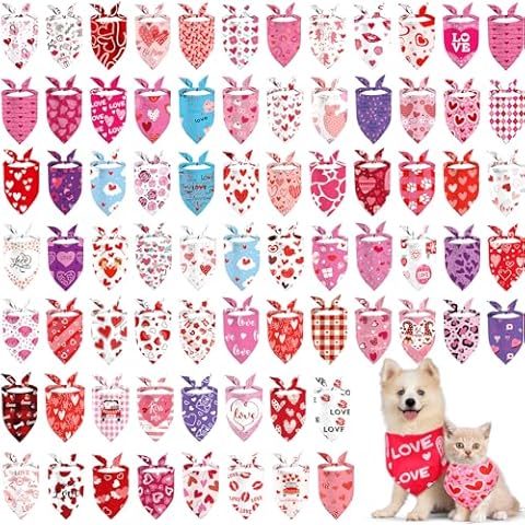 Abbylike 150 Pcs Valentine's Day Dog Bandanas Bulk Heart Bandanas for Dogs Bibs Triangle Washable Dog Scarf Adjustable Dog Bib Handkerchief for Small Medium Large Pets Valentine's Day Birthday Supply Cover
