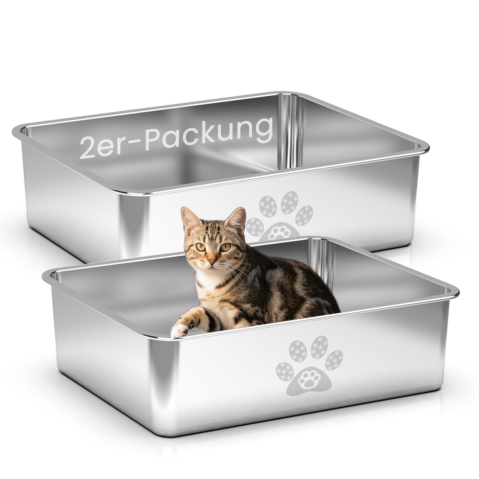 PTLOM Edelstahl Katzenklo, Große Katzentoilette aus Metall, Spritzwassergeschützt, Geruchsfrei und Antihaftbeschichtet, Katzenklo XXL, Geeignet Für Große und Kleine Katzen, Kaninchen
