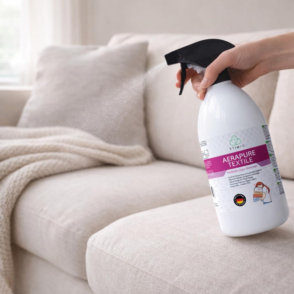 Textilien ohne Waschmaschine frisch bekommen – Stimio PROBIOTISCHES TEXTILSPRAY 1000 ml – NATÜRLICHER Geruchskiller für Sofa, Matratze, Kleidung, Auto & Co. – ohne Duftstoffe, OHNE CHEMIE