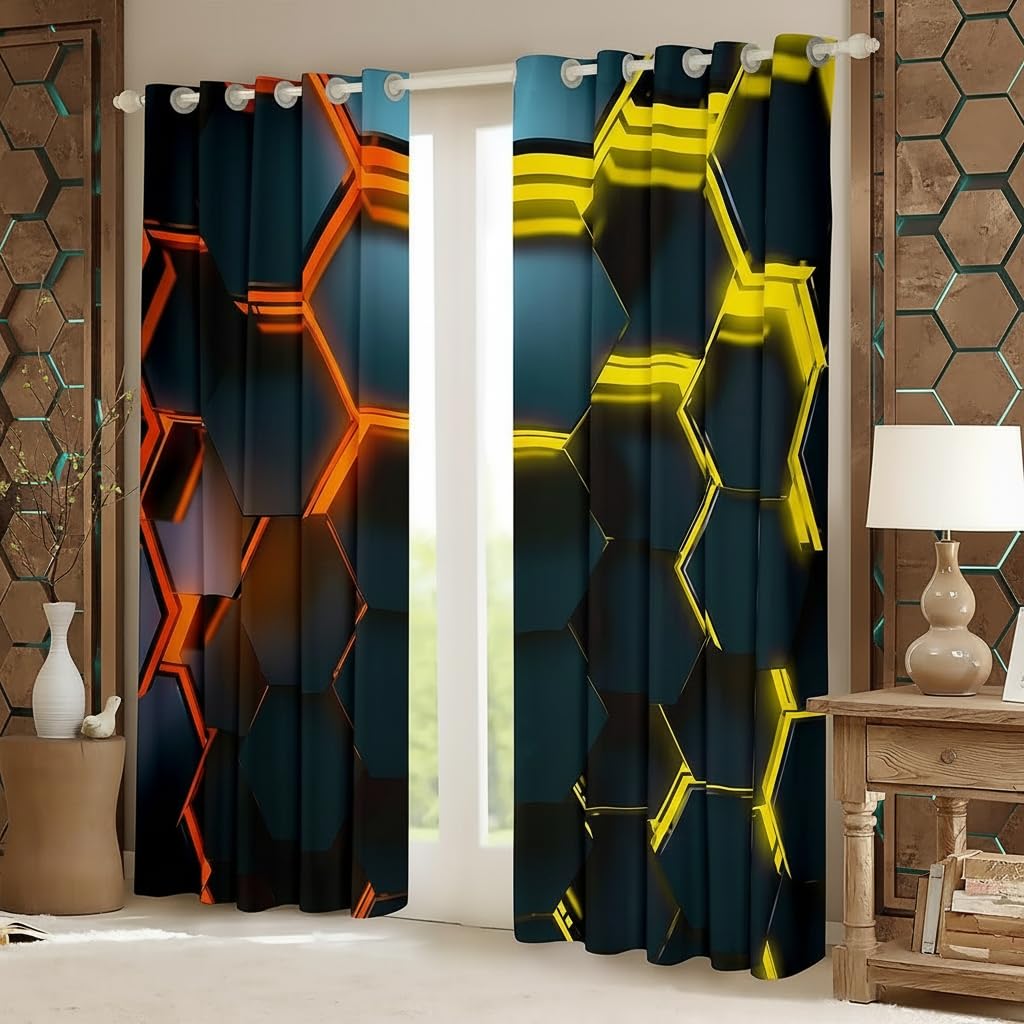 Honeycomb Fenster Vorhänge, Hexagon Gelb Orange Neon Lichter Küche Fenster Behandlungen, 3D Fenster Vorhänge für Zuhause, 2 Platten, L Größe,Guter Schattierungseffekt