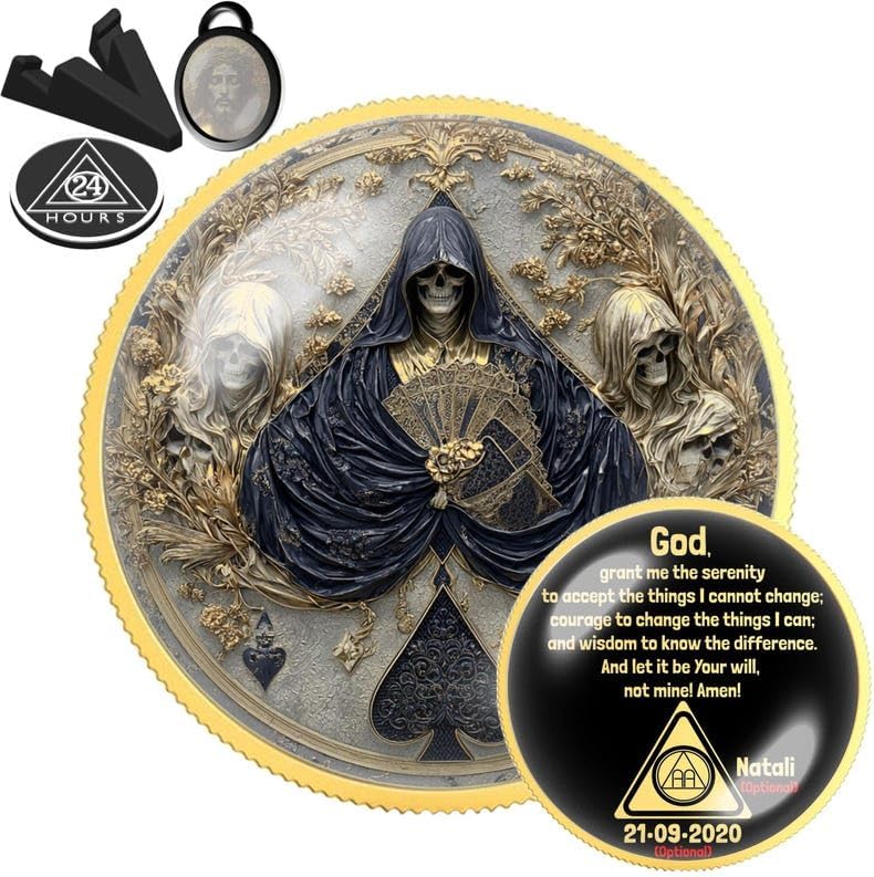 Death Card Design Sobriety Coin | Personalized AA NA Recovery Token | Custom Name Sobriety Date | Gold or Silver | Sobriety Chip Gift (Gold)