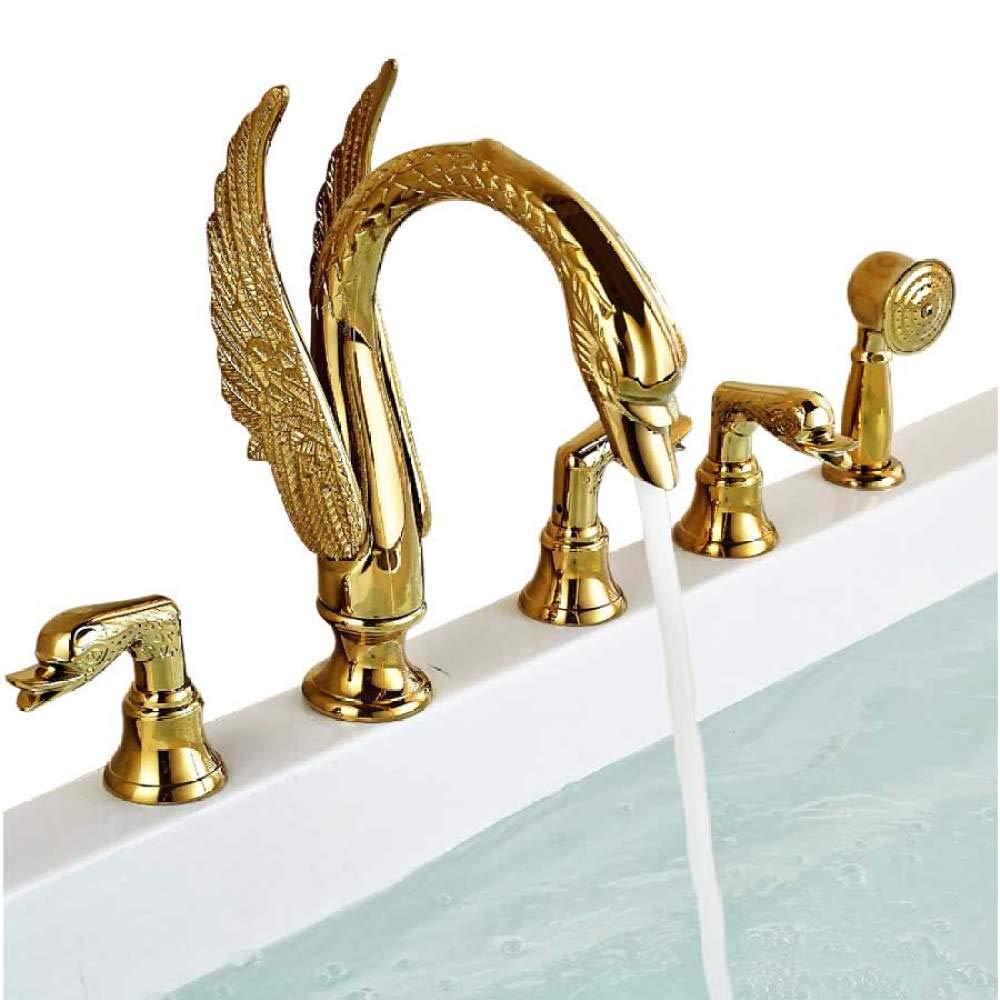 SnamicE Widespread Bathtub Faucet Golden Tub Mixer Tap Deck Mounted 3 Handle Bath Shower Set with Pull Out Handshower Head,Faucet,Faucet C