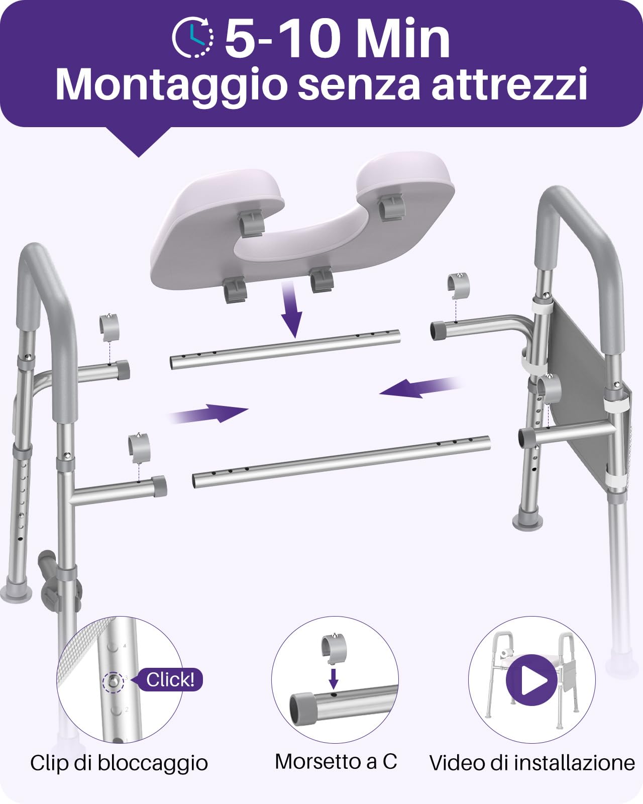 KEKOY Rialzo WC per anziani regolabile: 7 altezze e 3 larghezze, braccioli, montaggio senza attrezzi, alzata per WC per operati all'anca, portata 181 kg, compatibile con tutti i WC, Grigio