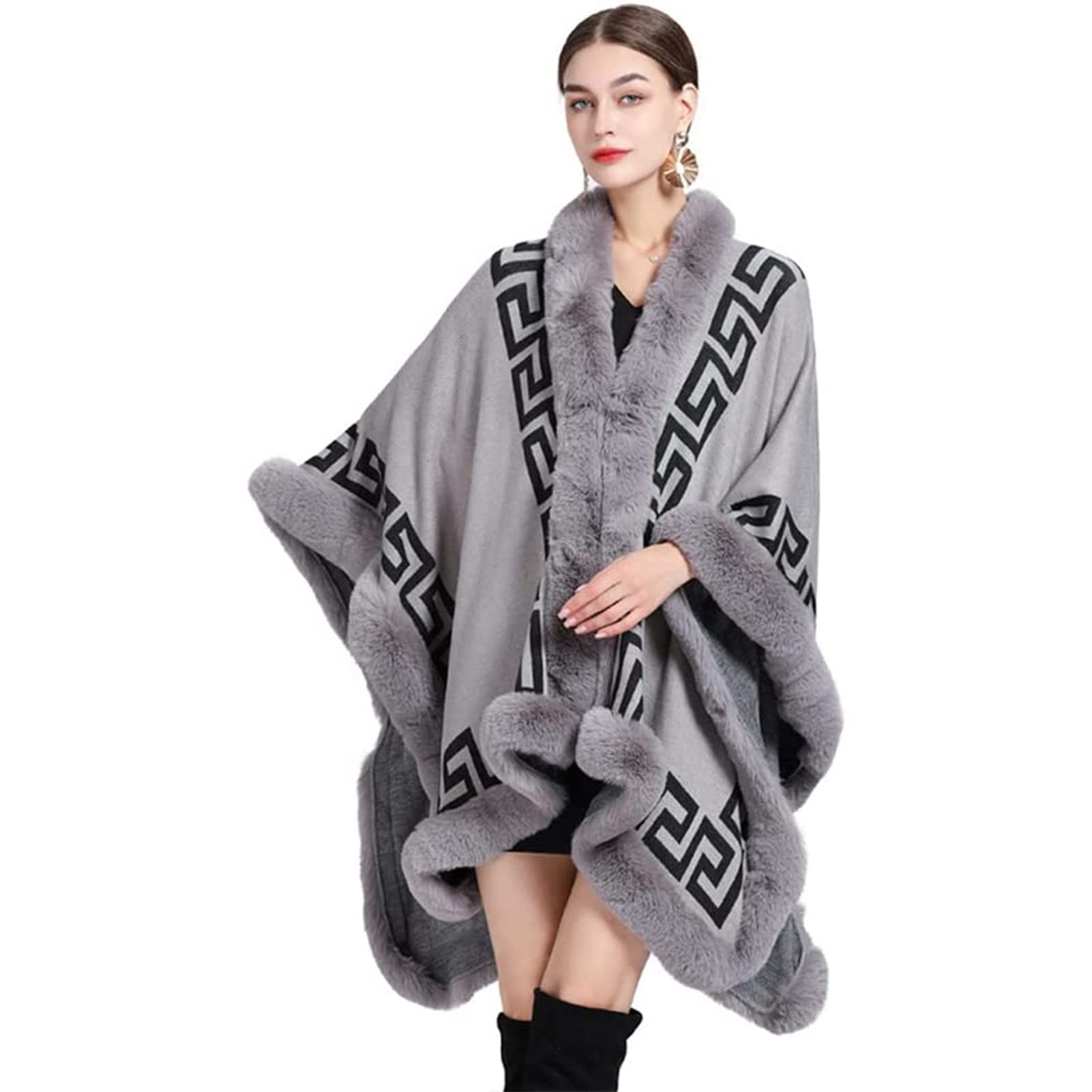 Autunno Inverno Donne Fine Knit Sciarpa Collare Capo Cardigan con Faux Fur Trim Layers Poncho, Faux Rabbit Fur Capo Wrap Scialle Cappotto di Lana
