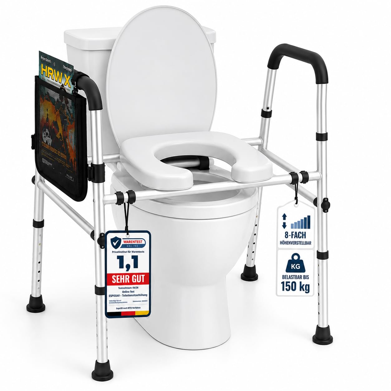Toilettensitzerhöhung mit Griffen WC-Sitzerhöhung mit Aufstehhilfe 8-fach höhenverstellbar breitenverstellbarer erhöhter Toilettensitz stabiler Toilettenerhöhung, mit deutscher Anleitung