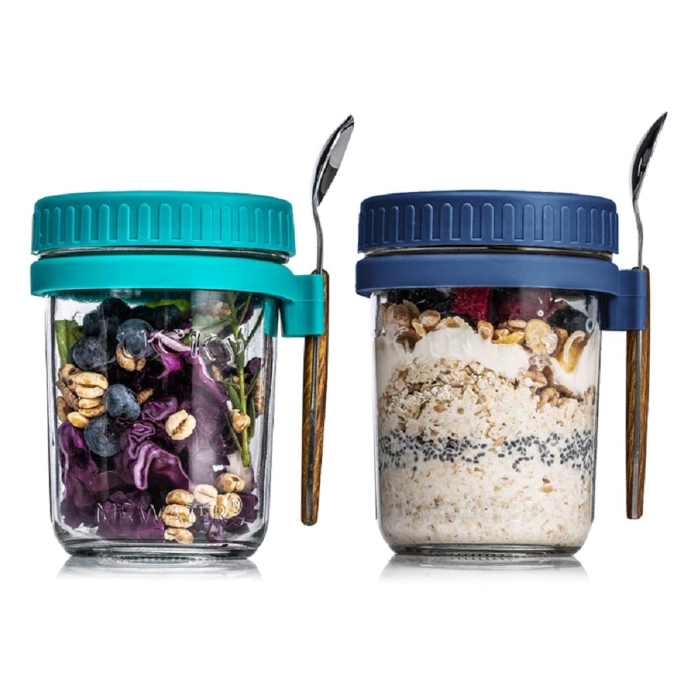 O9 O-Nine Overnight Oats Container with Lid and Spoon,Overnight Oats Jars ,12 oz/350ml Cereal ,Milk , Vegetable and fruit Salad Storage Container with Measurement Marks(green and blue)