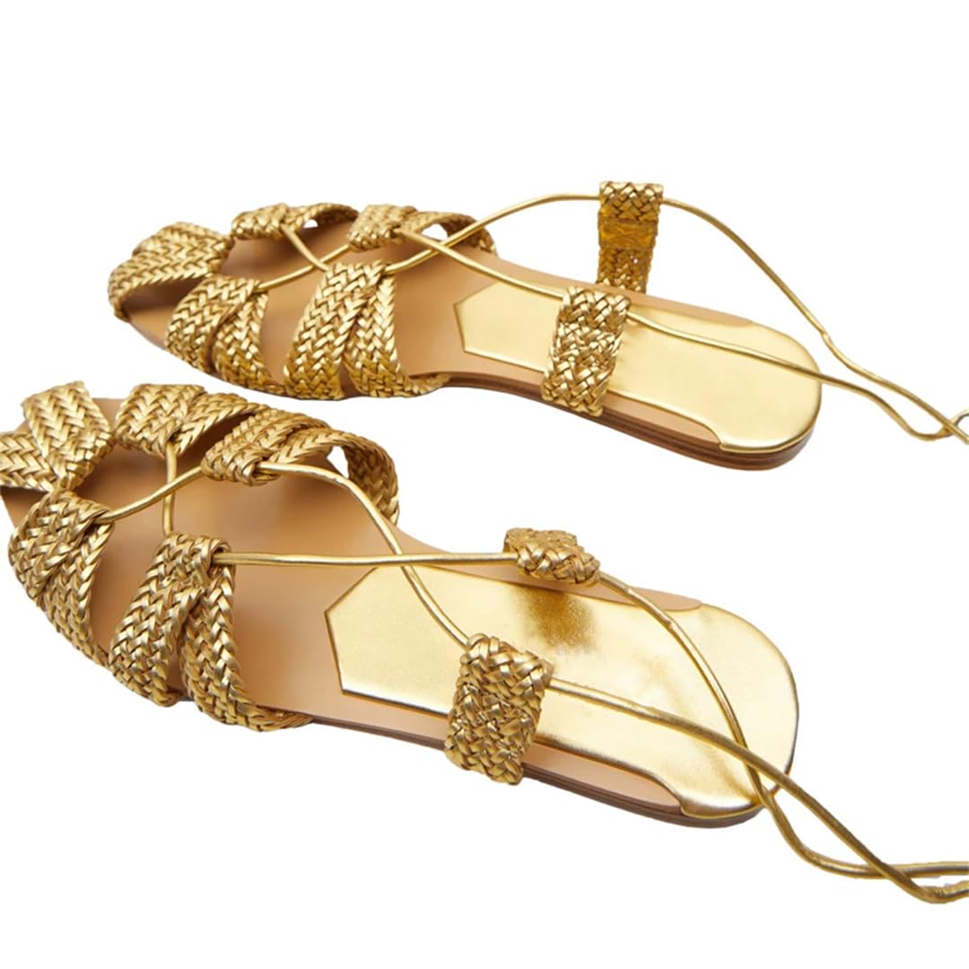Sandalias bohemias con cordones para mujer, con correa de tobillo, tacón plano, con abertura lateral, tejidas, para vacaciones, informales, de verano