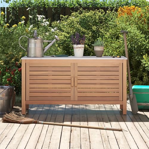 Goplus Patio Storage Cabinet 2-Door Acacia Wood Console Table with Faux Marble Top Outdoor Wooden Sideboard for Deck Garden Backyard & Entryway