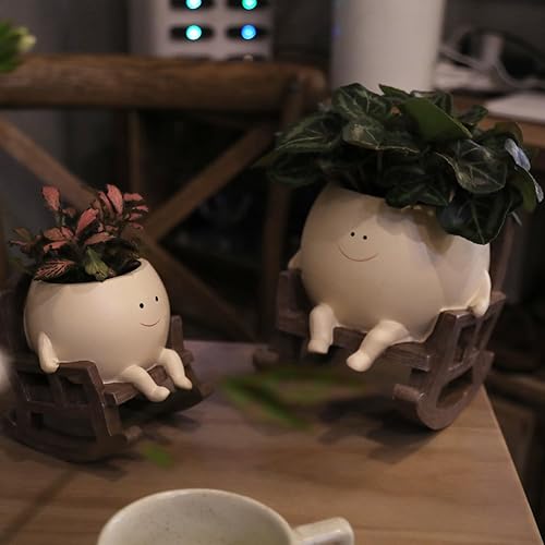 Miniatura 6 de UMESONG Smily Face Macetero de resina con cabeza de flor para plantas de interior y exterior, única mecedora para suculentas, idea de regalo para