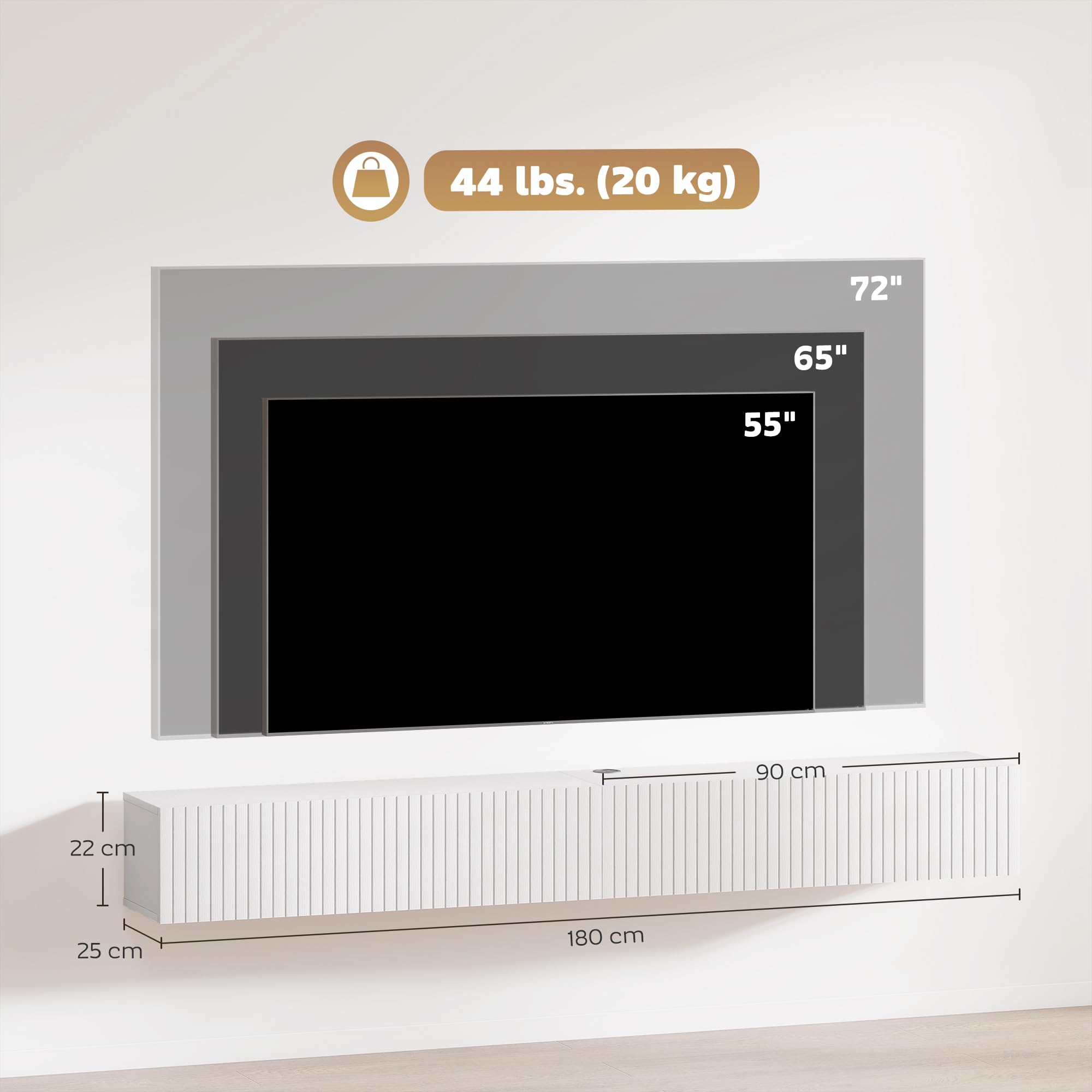 HOMCOM Meuble TV Suspendu 180 cm pour Téléviseur 72 Pouces Blanc | Meuble Télé, 2 Portes Cannelées Rabattables, Banc TV Mural Flottant, Salon, Chambre à Coucher