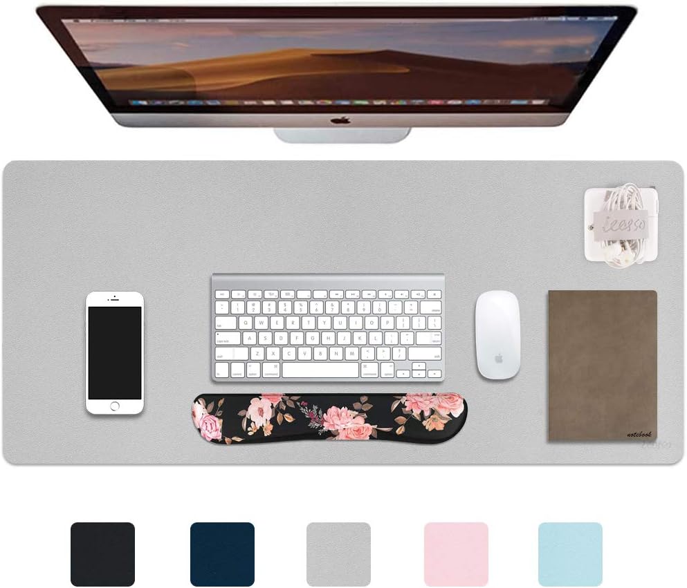 iCasso Leather Desk Mat, Leather Desk Pad, XXL Large Extended Mouse Pad (35.4" x 15.7"), Non-Slip PU Leather Desk Blotter, Waterproof Keyboard Pad Desk Writing Mat for Computer- Gray (No-Heated)
