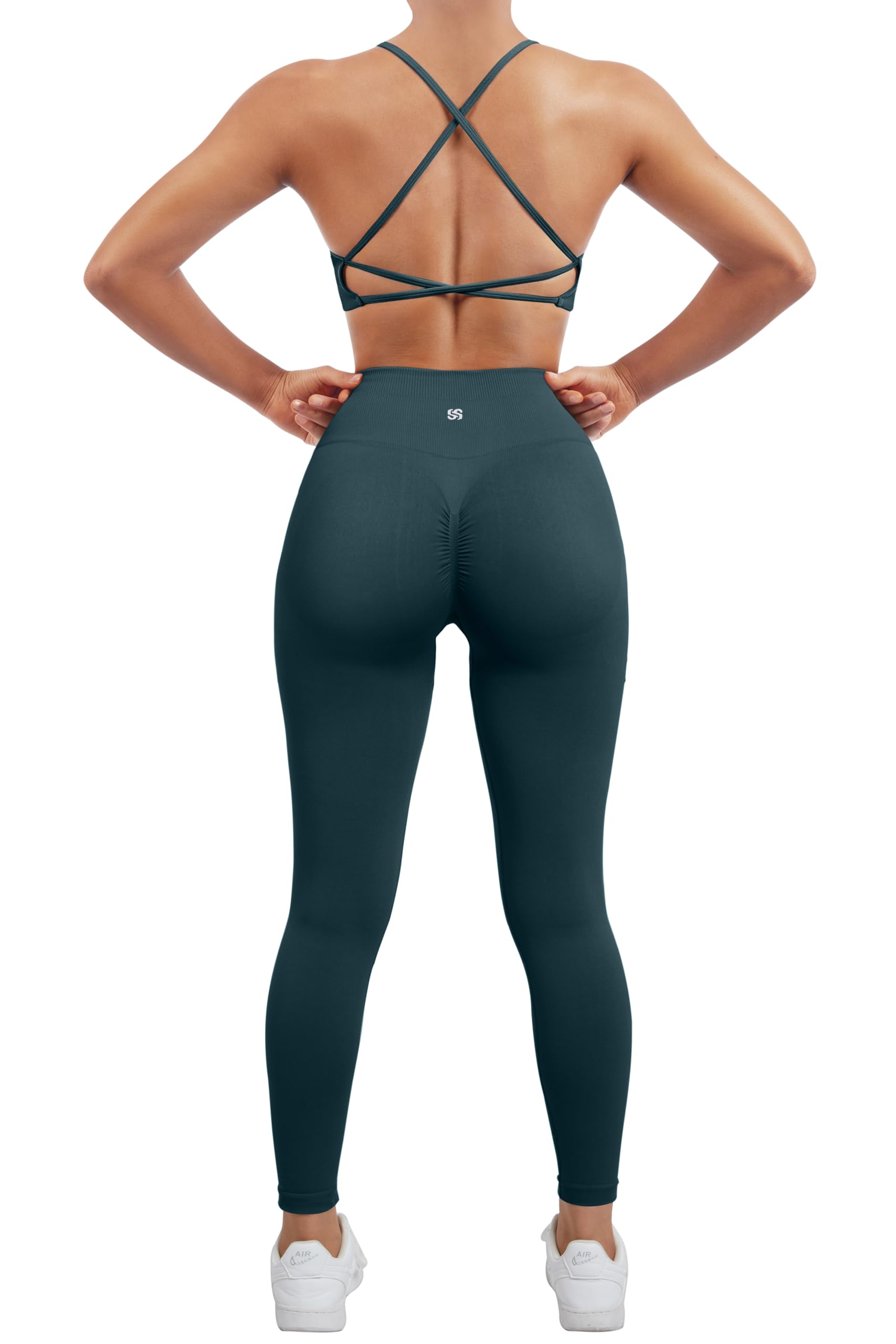 SUUKSESS Women Seamless Workout Sets Strappy Sports Bra High Waist Booty Leggings Outfits