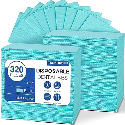 320 Pack Disposable Dental Bibs 13"x18", 3-Ply Waterproof Tattoo Bibs Sheet for Nail Salon, Dental Clinic, Feeding, Tattoo Shop (Blue)