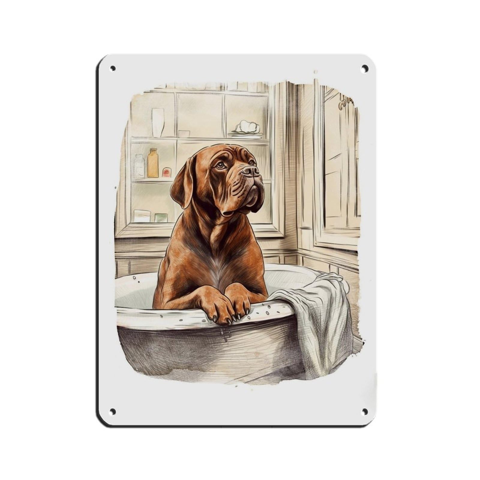 Dogue De Bordeaux in Bath, Bathroom Art Tin Sign Vintage Metal Pub Club Cafe Bar Home Wall Art Decoration Poster Retro 12x16inch(30x40cm)