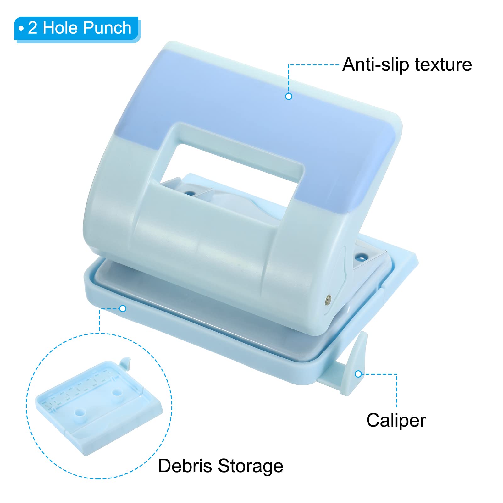 PATIKIL 1/4" 2 Hole Paper Punch, Metal Hole Puncher 8 Sheet Punch Capacity Adjustable Hole Punch for Office Home Supplies Blue - Image 4