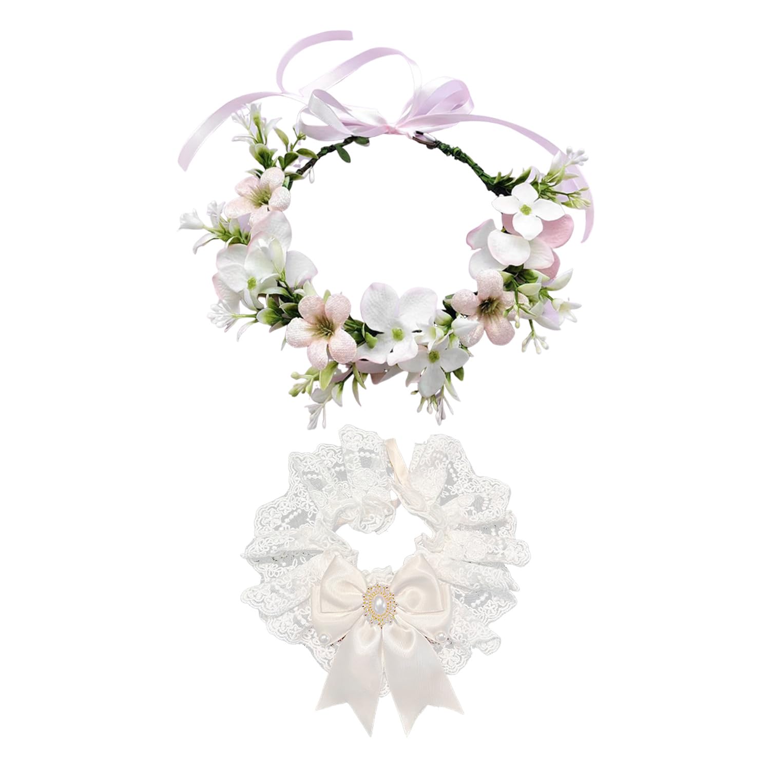 1 Pezzo di Pet Ghirlanda Copricapo, 1 Pezzo di Bow Bib, Collare del Fiore di Cerimonia Nuziale del Cane, Gatto del Merletto Bow Tie, Pet Decorazione di Cerimonia Nuziale Forniture.