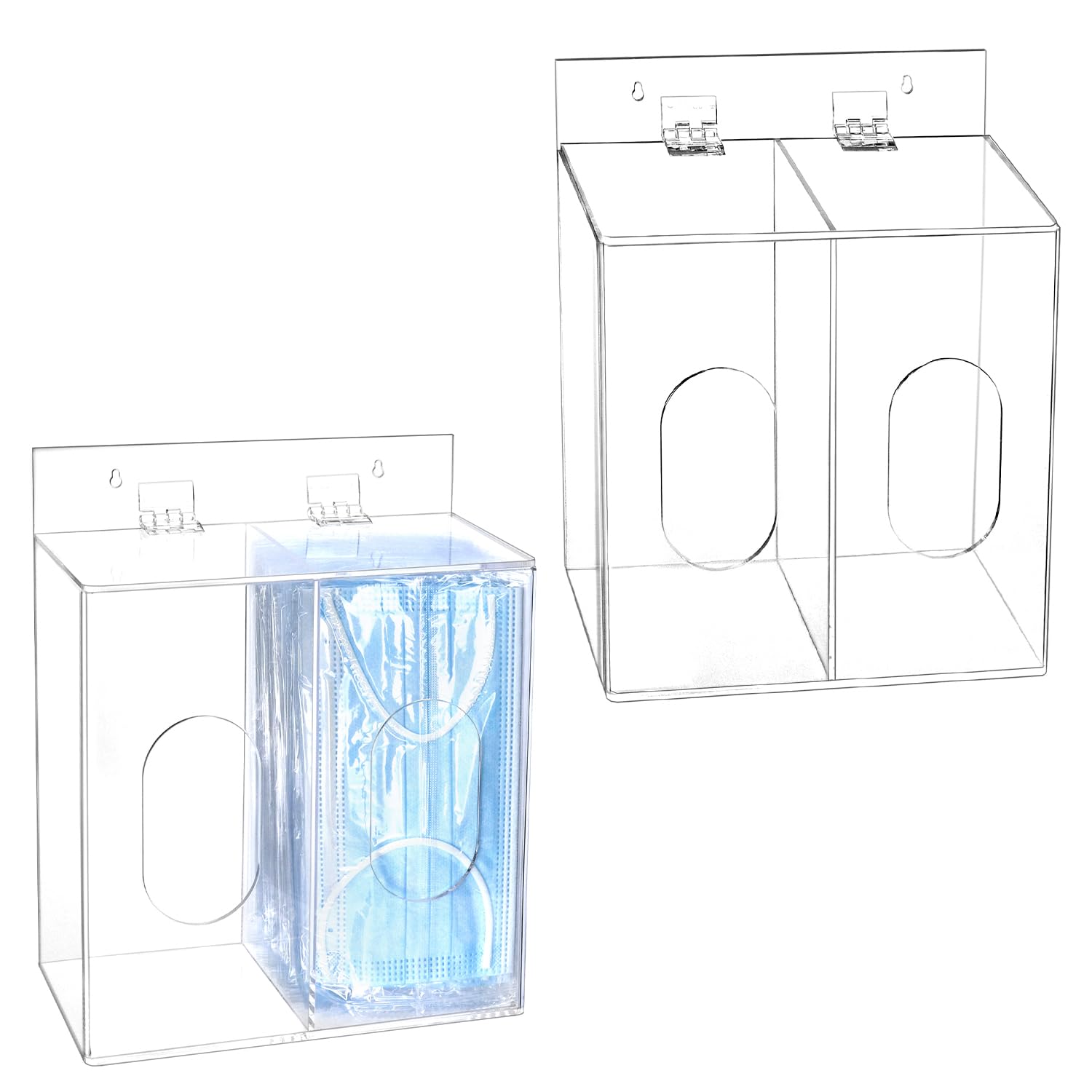 QWORK Acrylic Face Mask Dispenser Box, 2 Pack Clear Mask Glove Holder with Lid, Disposable Masks, Gloves,Shoe Covers, Hairnets, Wall Mounted or Countertop-image-38