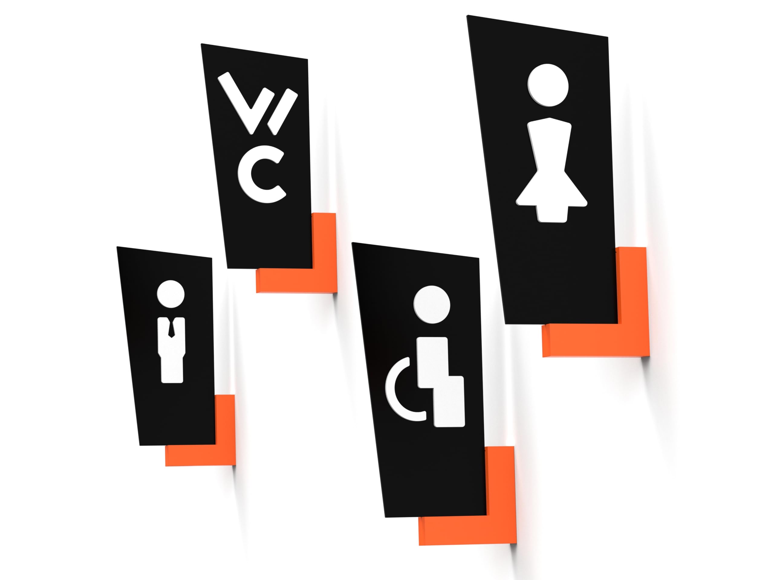 Set de 4 señales direccionales con flechas – 32 cm – Símbolos personalizados: Aseos, Recepción, Comedor, Gimnasio, Vestuario/Camerino – Carteles de pared de doble cara