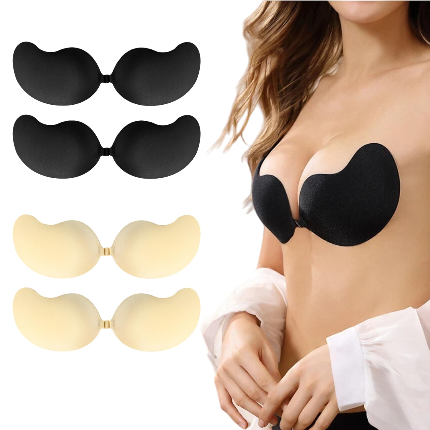 Shuimili Women's Blacck*2+Beige*2 4Pack Seamless Invisilift Bra For Adhesive Push Up Sticky, Strapless Backless Bra (A, )