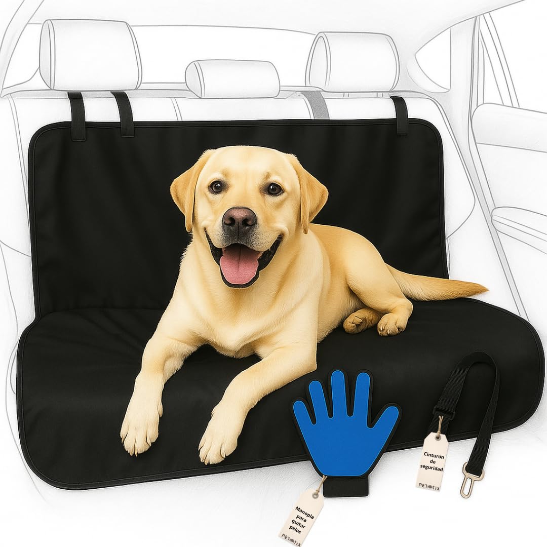 Funda Coche Perro 144x144cm con Cinturón de Seguridad y Manopla Cepillo – Protector Impermeable Asiento Trasero Antideslizante – Kit Completo para Viajar con tu Mascota