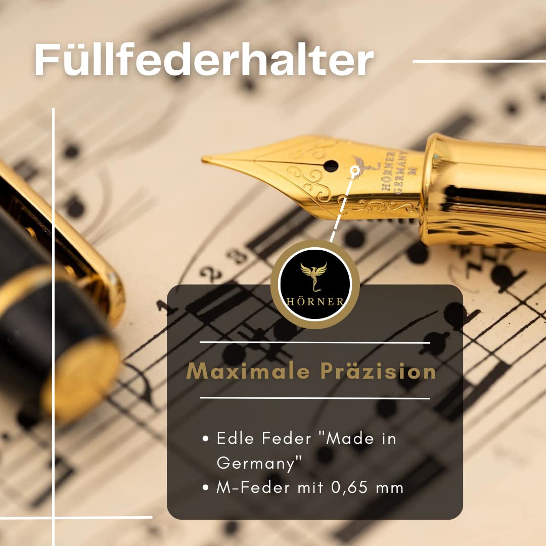 Hörner Nobilis Hochwertiger Füllfederhalter mit Gravur | Füller personalisiert | Klavierlack-Optik schwarz-gold | Messing-Korpus 34 g | Goldlegierte Stahl-Feder M | Geschenkbox