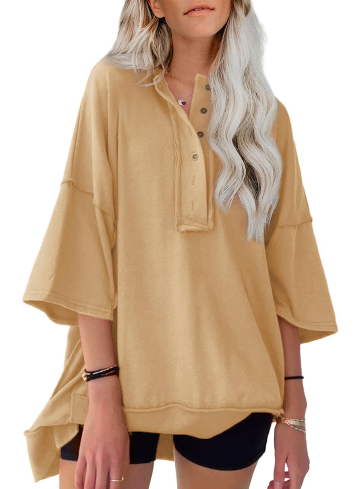 SHEWIN Women's Fashion Oversized T Shirts Casual Short Sleeve Reverse Seam Summer Tops Tees