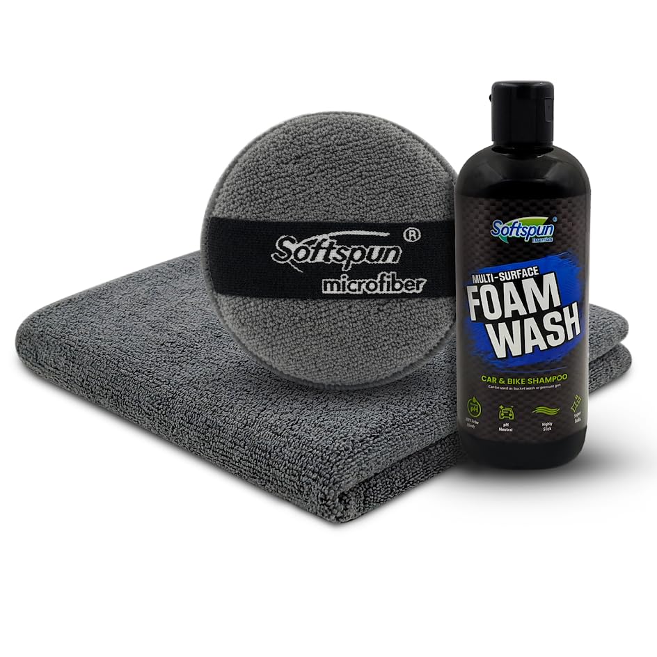 SOFTSPUN Microfiber 40X40cm 340gsm Grey & Polish Pad 340gsm 1Pcs+300mL Car & Bike Premium Liquid Shampoo Combo | Extra Suds, Removes Tough Dirt & Grime | pH Neutral | Works with Bucket, Foam & Cannon