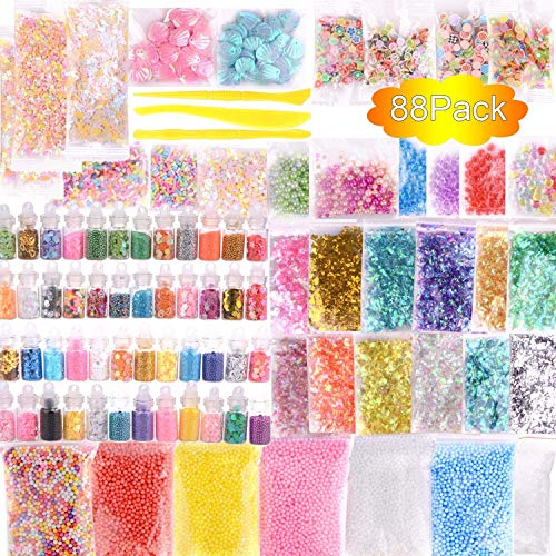 Yugust 88 PCS Slime Accessories Charms, Slime Making Kits Supplies Include Glitter Sheet Jars, Colorful Sugar Papers Accessories, Floam Balls, Fishbowl Beads, Shell Piece