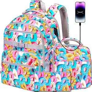3Pcs Backpack for Girls, Water Resistant Donuts Bookbag,Elementary Backpacks for Teens Students School with USB Charging Port