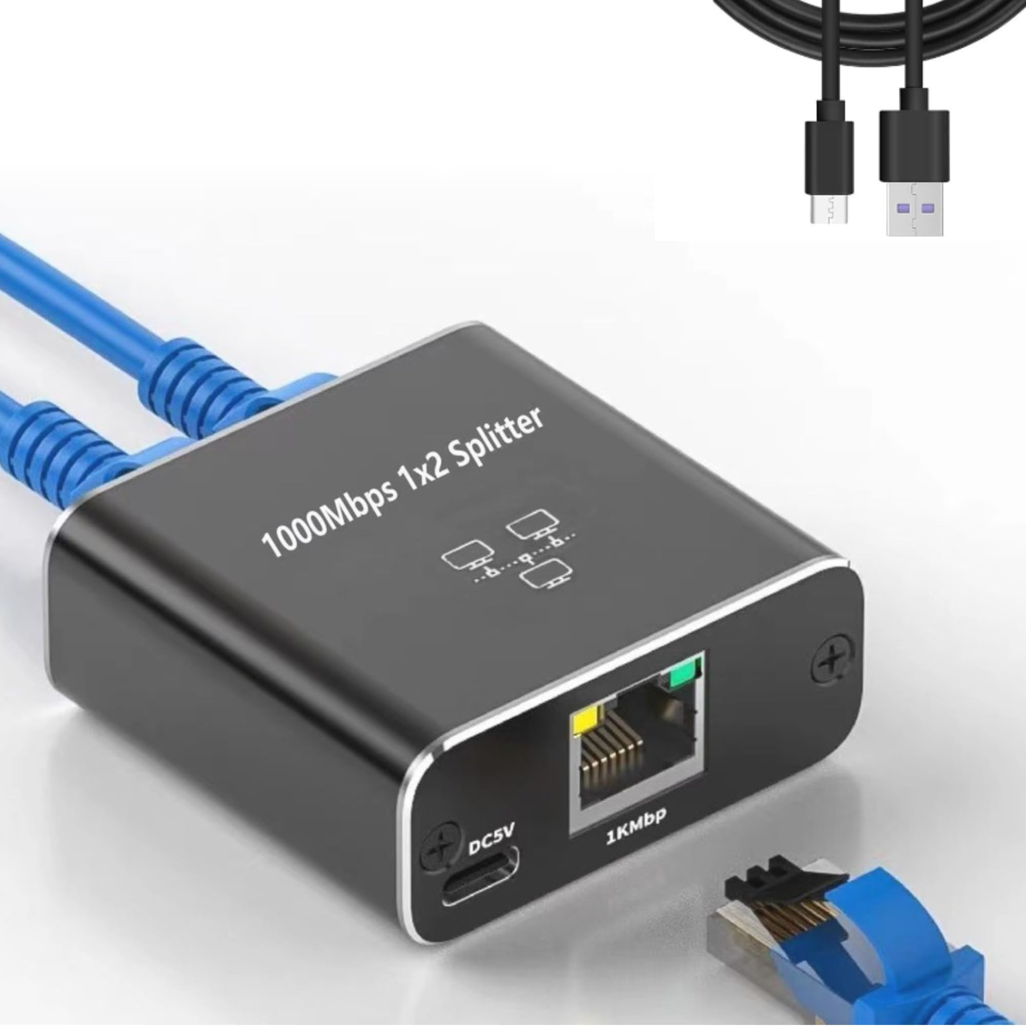 Rozdzielacz Ethernet RJ45 1 na 2 Udziały, Karta Sieciowa Gigabit 1000Mbps, Rozdzielacz Ethernet RJ45 Udostępnianie Dwóch urządzeń za pomocą Kabla Zasilającego USB Zgodny z Cat5