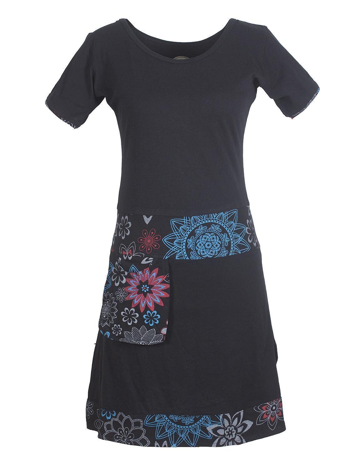 Vishes - Alternative Bekleidung - Damen Kurzarm Kleid Tunika Hippie Blumen Muster Sidebag Tasche