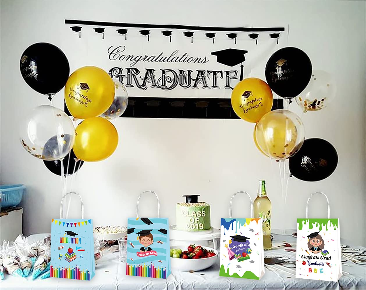 Kindergarten Graduation Gift Bags - 12 Pack Blue White Kraft Paper Treat Bags With Stickers