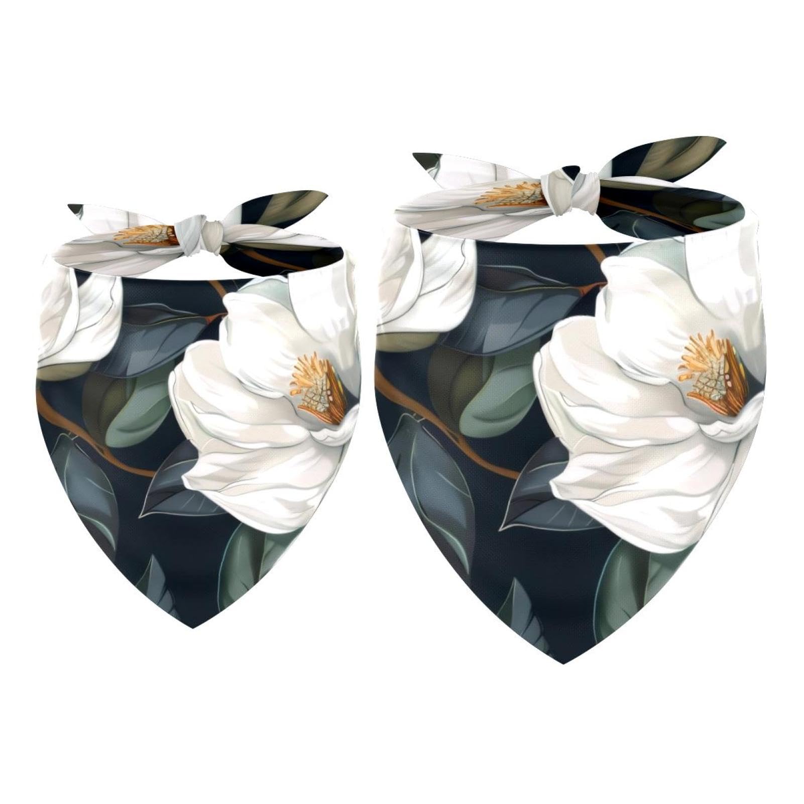 2pcs Pack Dog Bandanas White Flower Magnolias Triangle Scarf for Small Medium Large Dogs and Cats Pet Kerchief Triangle Scarfs Bibs