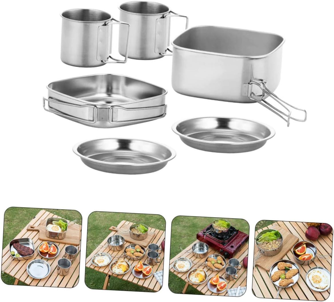 1set Portable Stainless Steel Camping Cookware Cooking Pan for Outdoor Activities Practical Picnic Supplies for Hiking and Camping