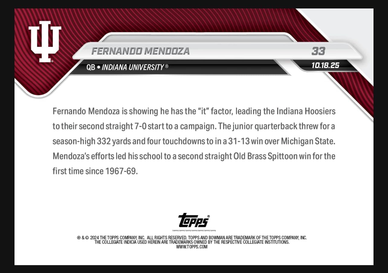 2025 Bowman U Now Fernando Mendoza #33 -Hoosiers Secures 1st Ever Back to Back 7-0 Start- Football NCAA- Indiana Stated Print Run of Only 1753 Made! Card Shipped in Protective Screwdown Holder.