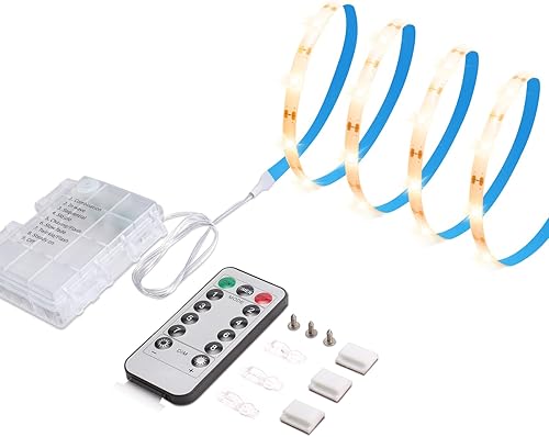 Tira de luces LED alimentadas por pilas con control remoto, 8 modos, regulable, temporizador, autoadhesiva, cortable, tira de luces LED impermeables