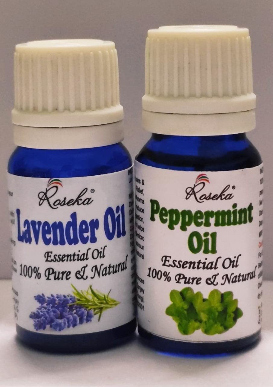 Roseka Lavender & Peppermint Essential Oil | Healthy Hair, Scalp, Bright Skin, Acne, Hair Fall, Relaxing Sleep, Aromatherapy & Body pack of 2 (20 ml)