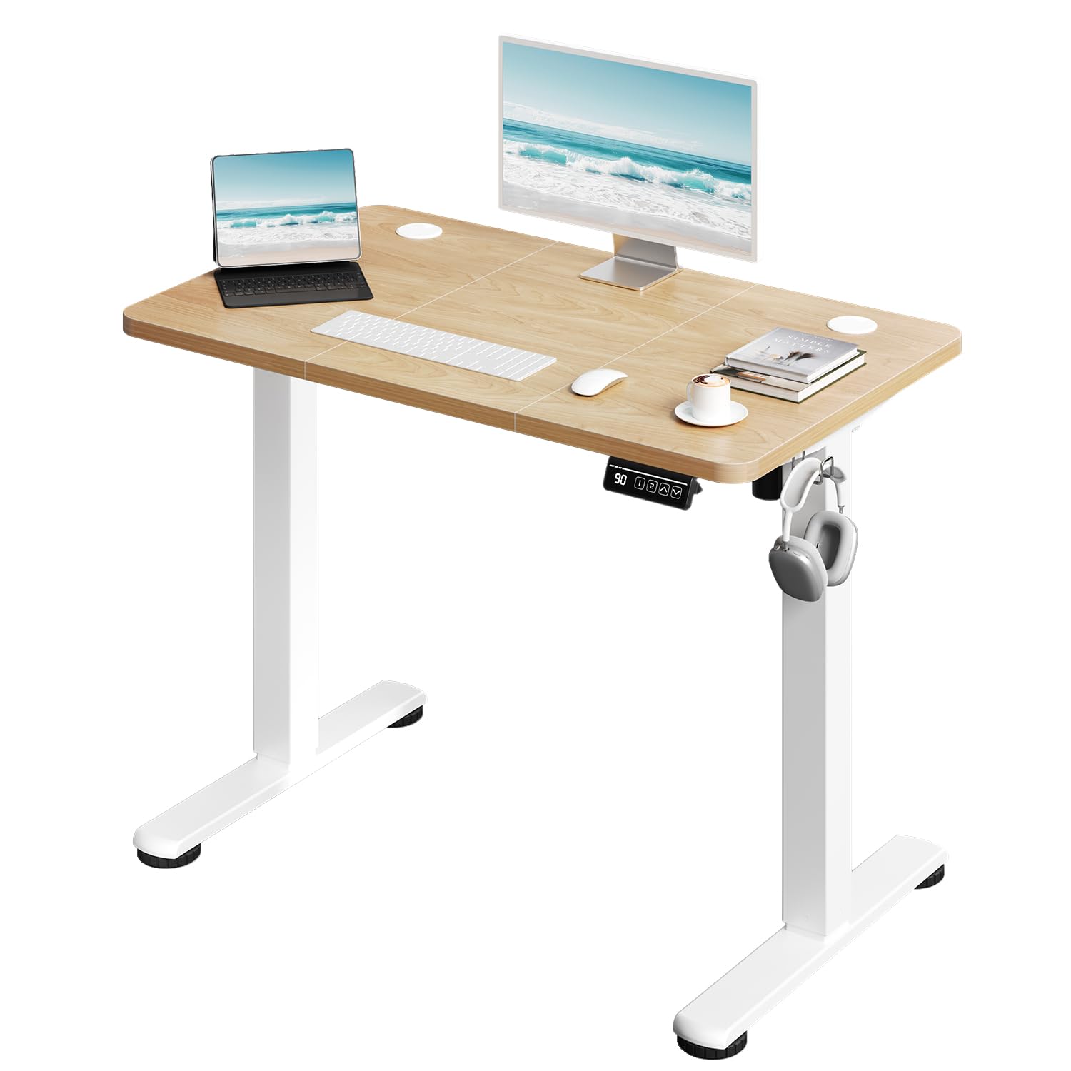 JUMMICO Standing Desk 100 x 60 cm Eletric Height Adjustable Desk with 2 Height Memory Position, Sit Stand desk with Smart Controller, Beige