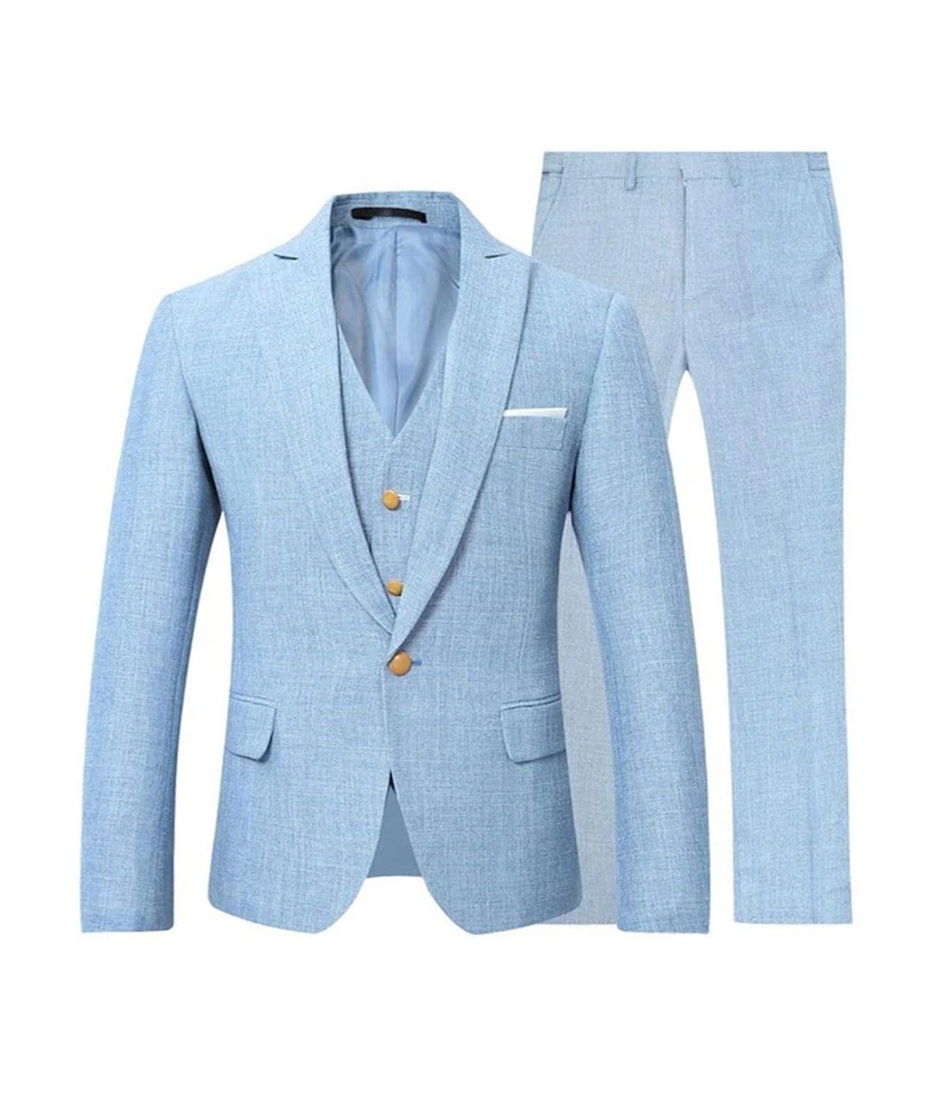 Abito da Sposo Completo da Uomo in Lino Beige/Blu, 3 Pezzi, Monopetto, Slim Fit, Blazer, Gilet, Pantaloni, Elegante, Estivo, Spiaggia, for Matrimonio per Matrimonio
