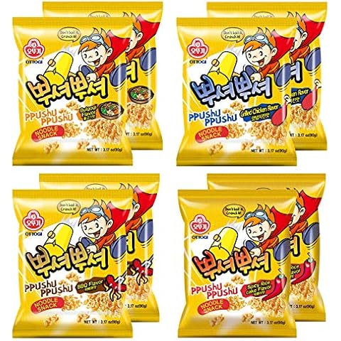 OTTOGI PPUSHU PPUSHU Crush to Eat Noodle Snack - 2 of each Bbq, Bulgogi, Grilled Chicken, Spicy Rice Cake Flavors Variety Pack (90g) - 8 Pack Cover