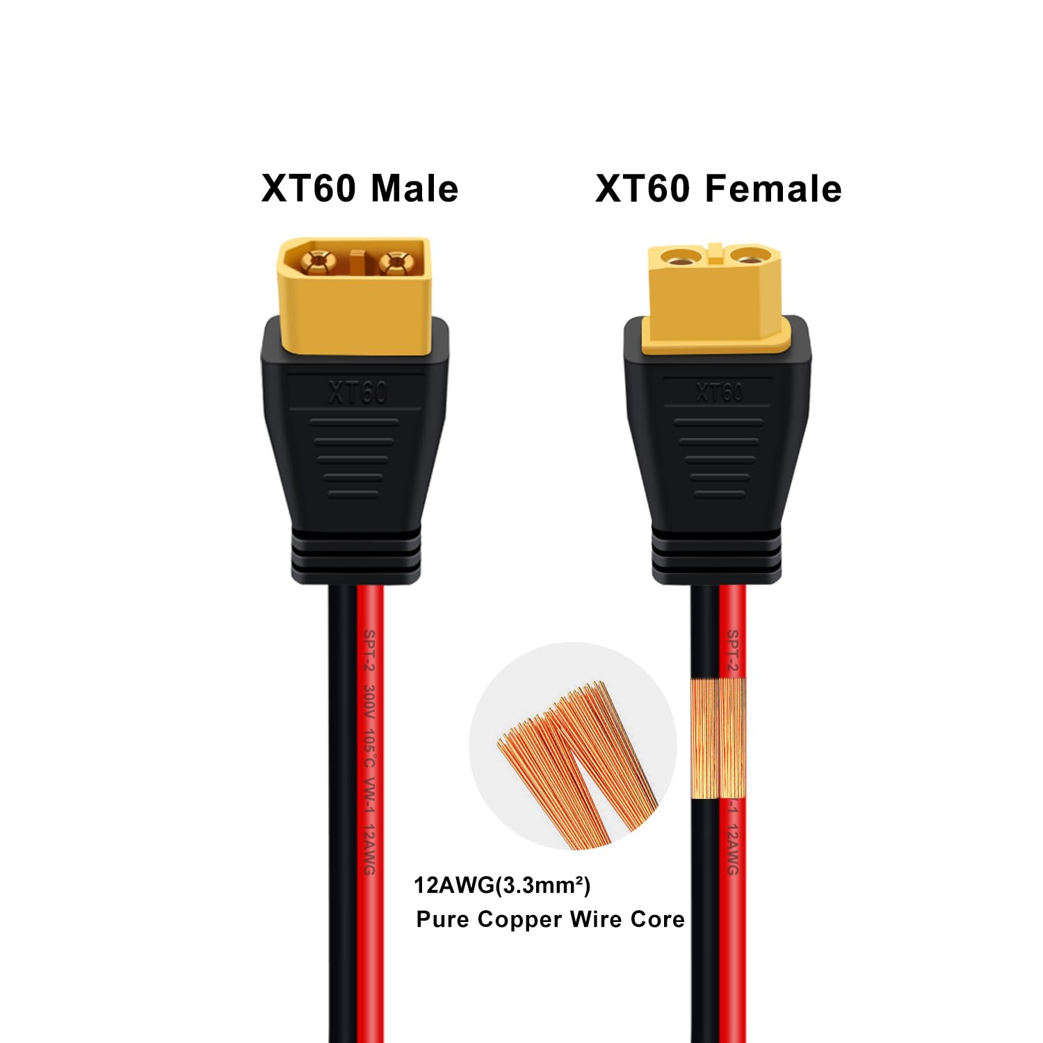 Câble Extension XT60 Mâle vers Femelle 12AWG Rallonge de Câble XT60 pour RC Battery, Portable Power Station, Battery Pack (3 m)