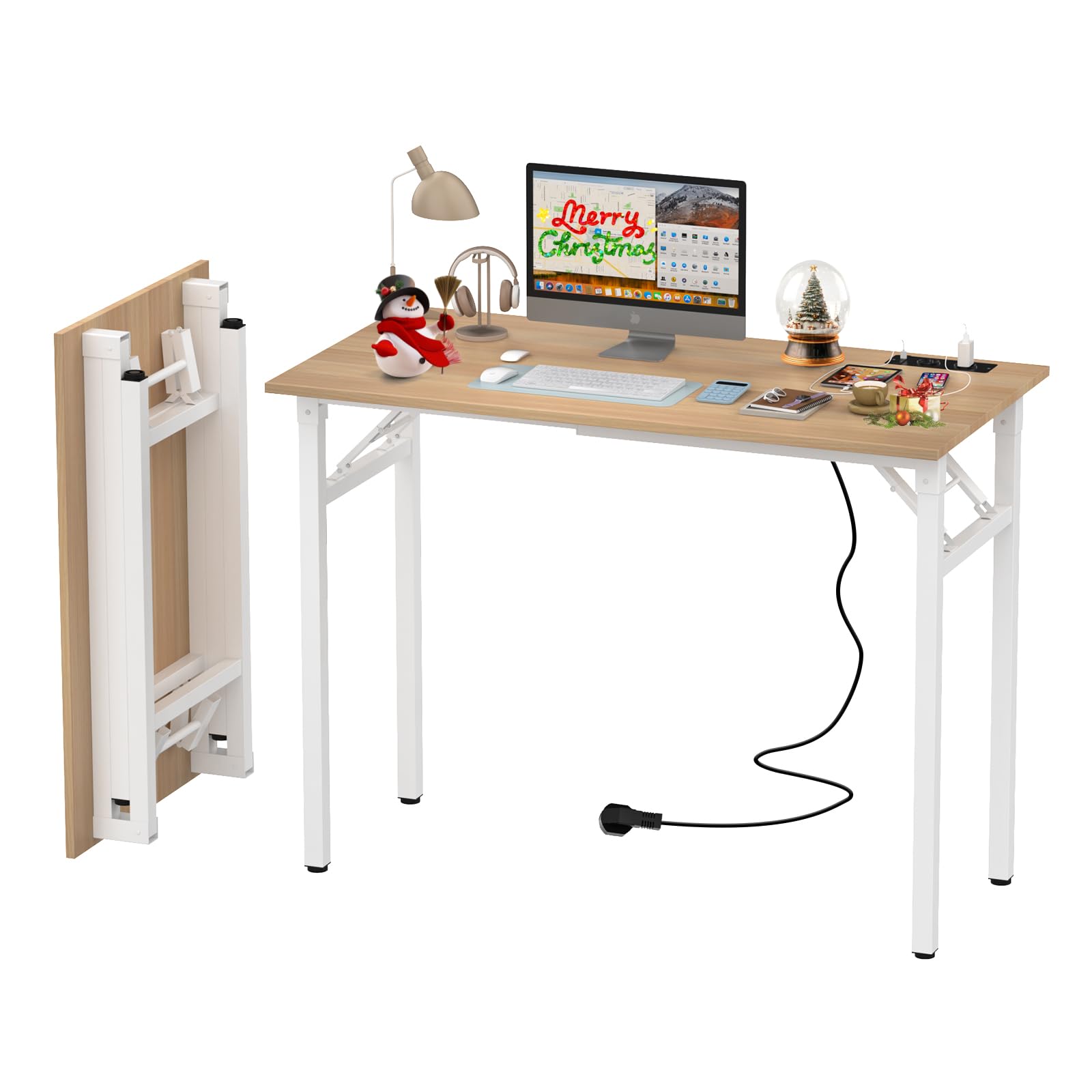 100x50cm Schreibtisch Klappbar, Klappbarer Schreibtisch Kleiner, Computertisch Mit Integrierter Ladestation, Platzsparend, Laptoptisch Klappbar fürs Büro, Homeoffice. (Eiche, 100x50x76cm)