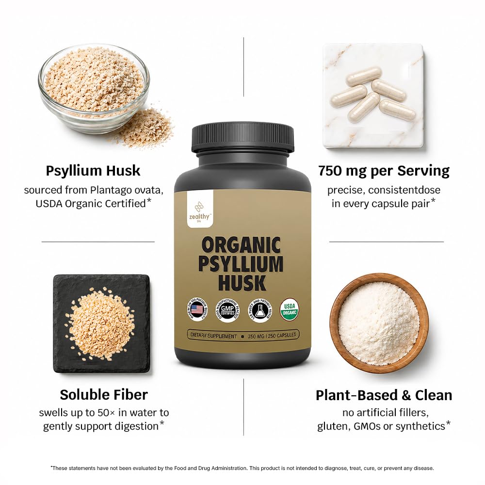 Organic Psyllium Husk Capsules 750 mg, Natural Fiber Supplement for Gut Health* - Alternative to Psyllium Husk Powder, Zealthy Life, 250 Capsules — Amazon image 8